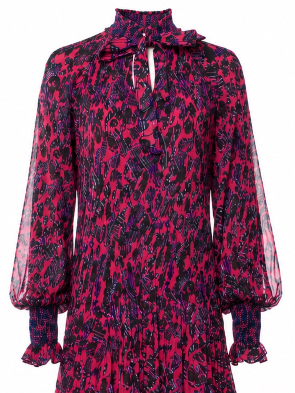 Catia Derek Lam 10 Crosby Vibrant Fuchsia Black Printed Long-Sleeve Ruffle Dress